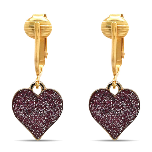 Purple Sparkle Hearts Clip On Dangling Earrings