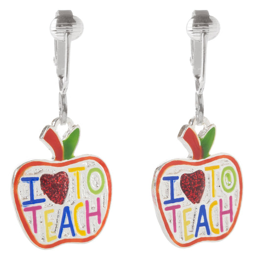 I Love to Teach Apple Silver Clip On Dangling Earrings