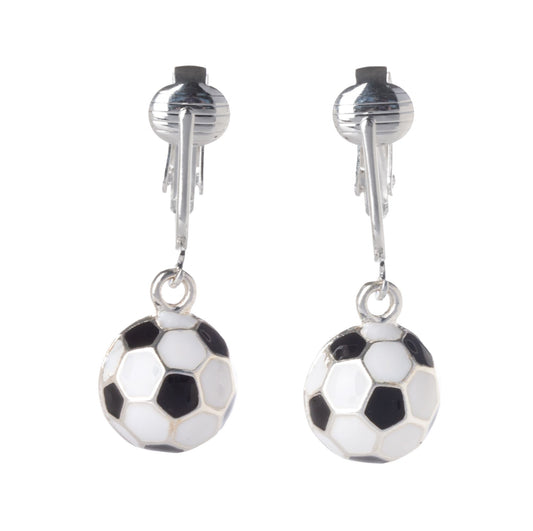 Soccer Ball Silver Clip On Dangling Earrings