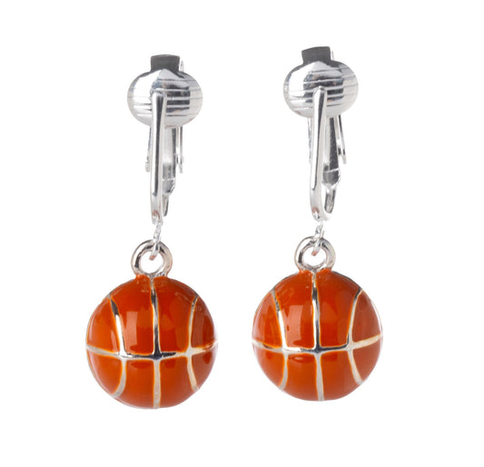 Basketball Silver Clip On Dangling Earrings