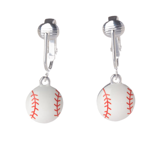 Baseball Silver Clip On Dangling Earrings