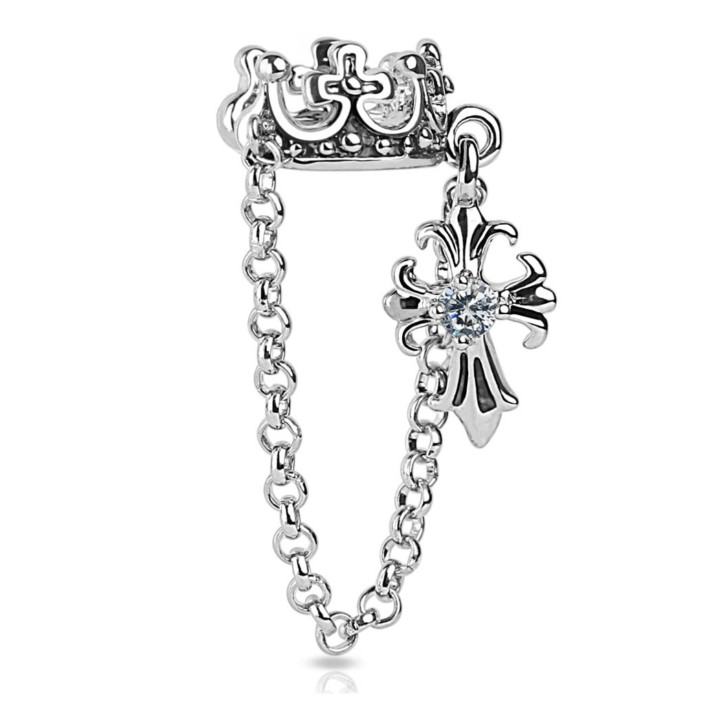 Crown and Dangling Crystal Cross Chained Non-Piercing Conch Cuff