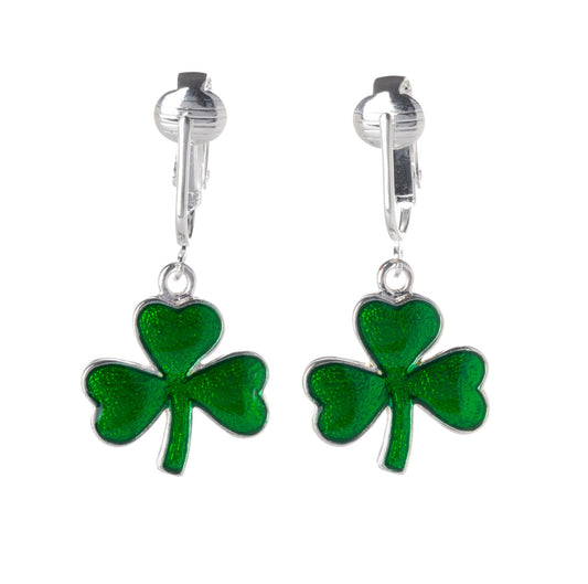 Green Irish Lucky Shamrock Clip On Dangling Earrings