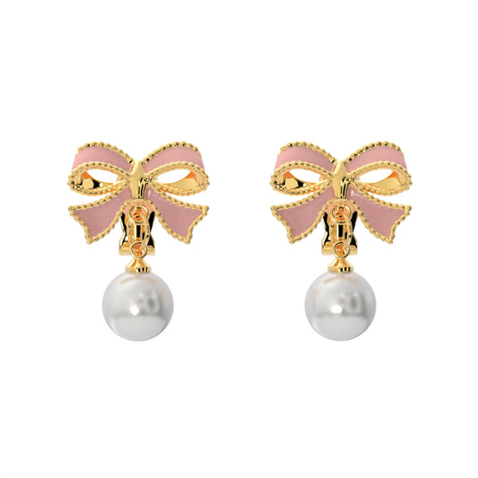 Pink Bow with Dangling Simulated Pearls Clip On Stud Earrings