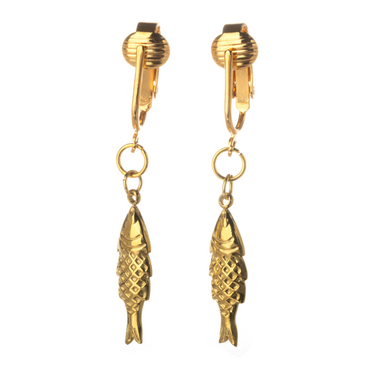 Gold Fish Clip On Dangling Earrings