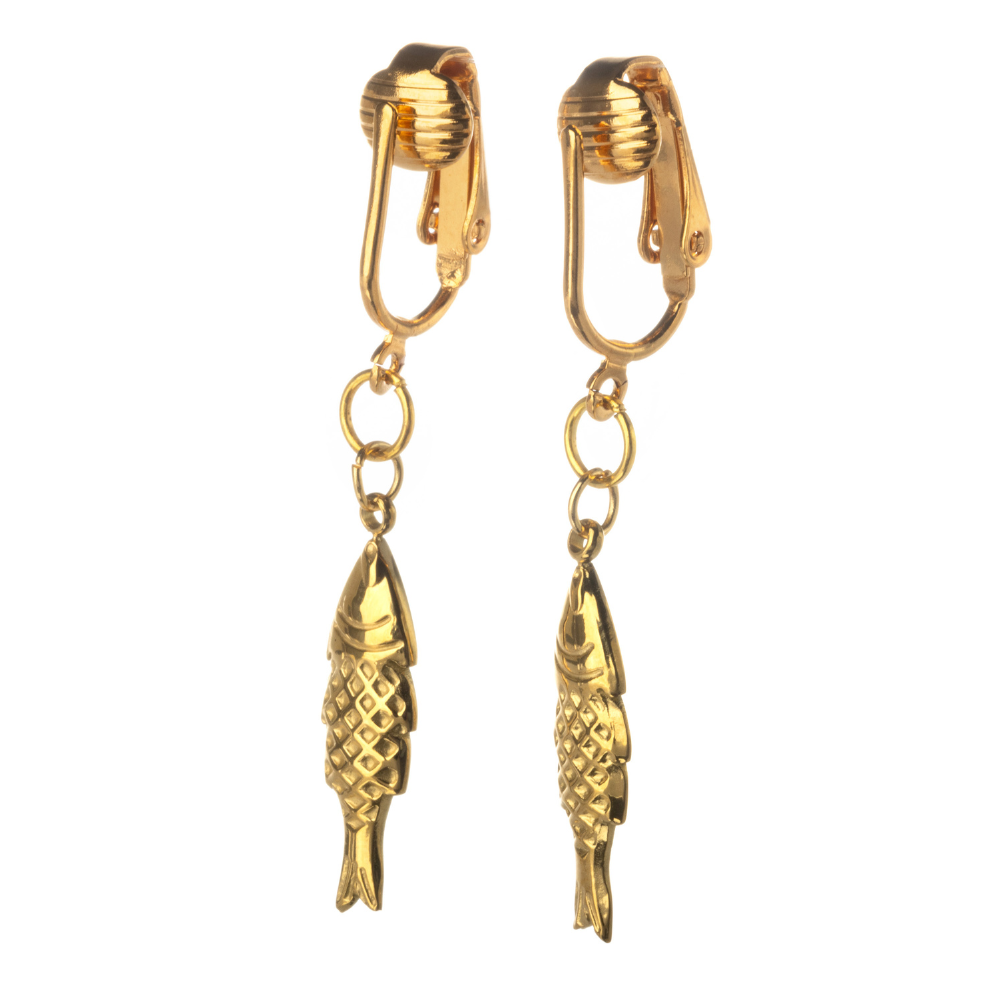 Gold Fish Clip On Dangling Earrings