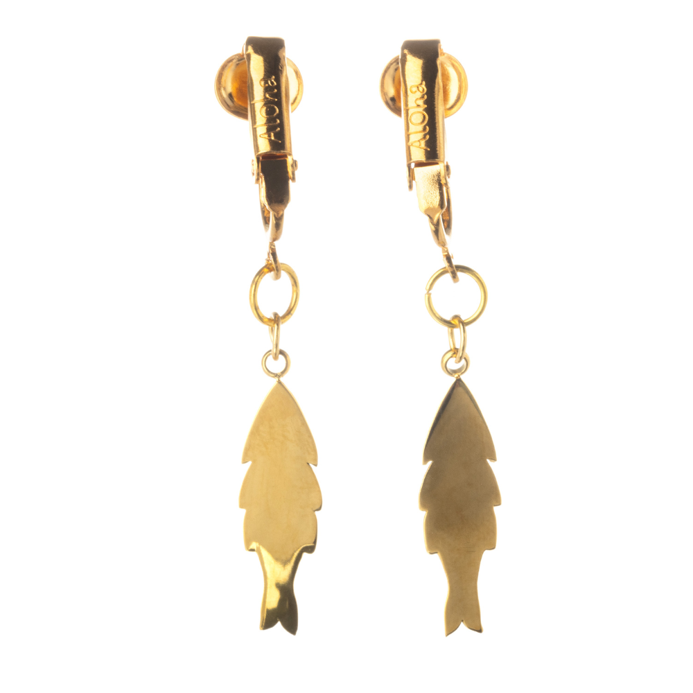 Gold Fish Clip On Dangling Earrings