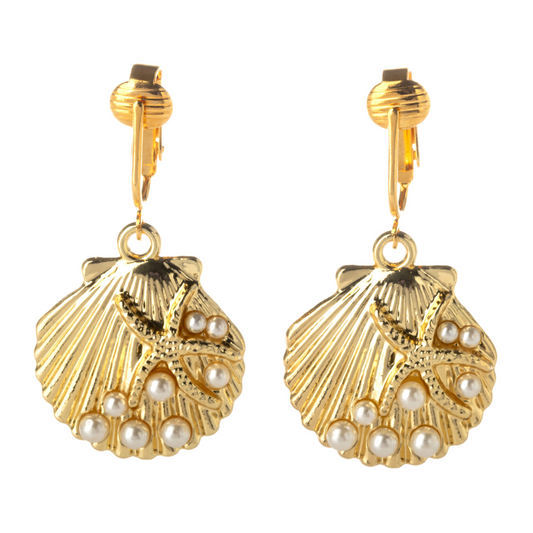 Gold Simulated Pearl Seashells Clip On Dangling Earrings