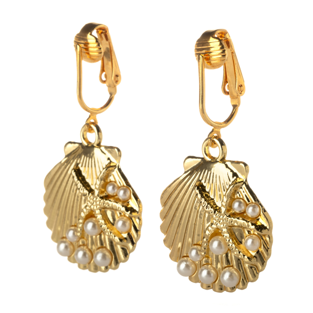 Gold Simulated Pearl Seashells Clip On Dangling Earrings