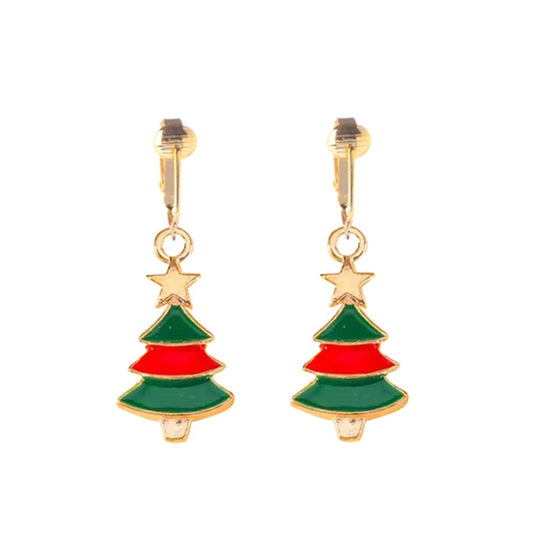 Green and Red Xmas Trees Gold Clip On Dangling Earrings