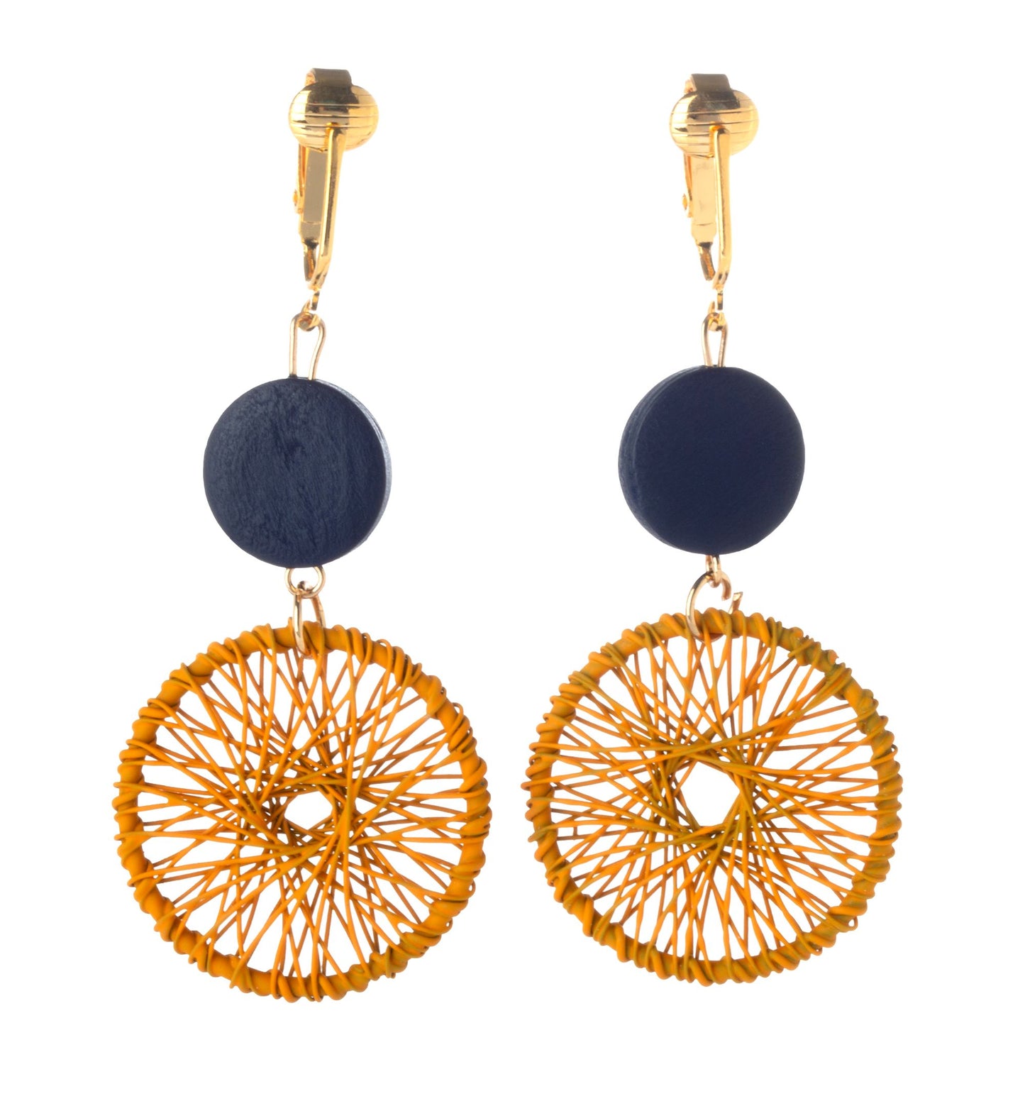 Gold Hollow Woven Circles Clip On Dangling Earrings