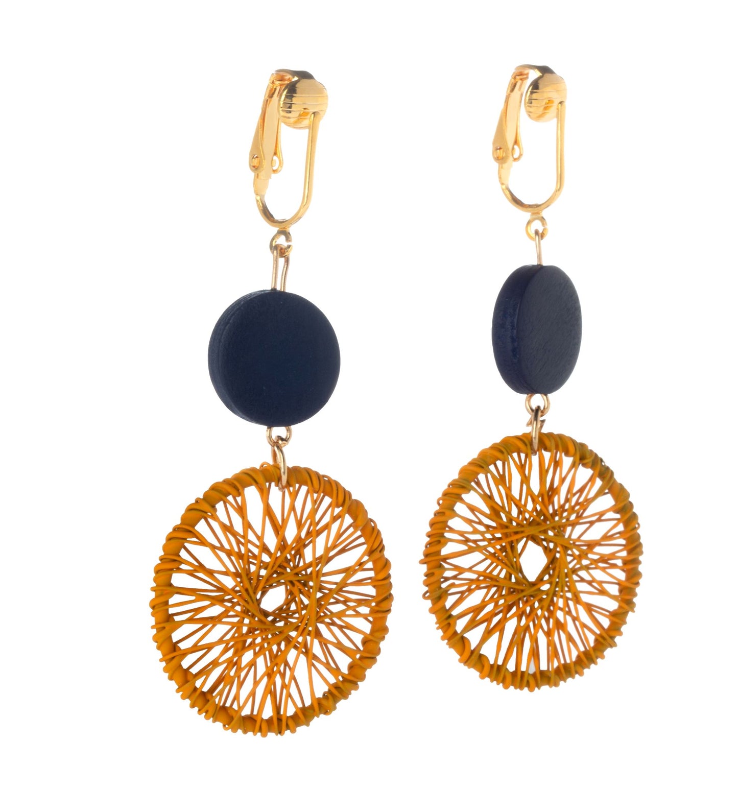 Gold Hollow Woven Circles Clip On Dangling Earrings