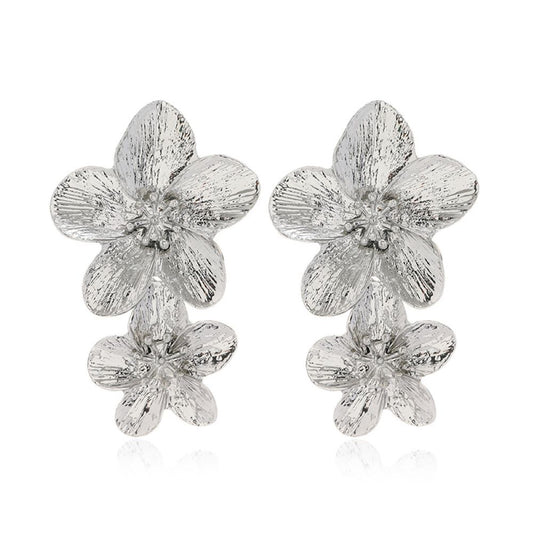 Silver Double Flower Statement Clip On Dangling Earrings