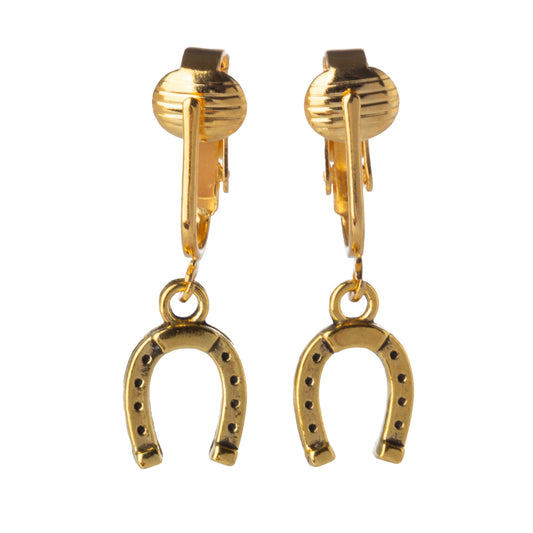 Gold Horseshoes Clip On Dangling Earrings