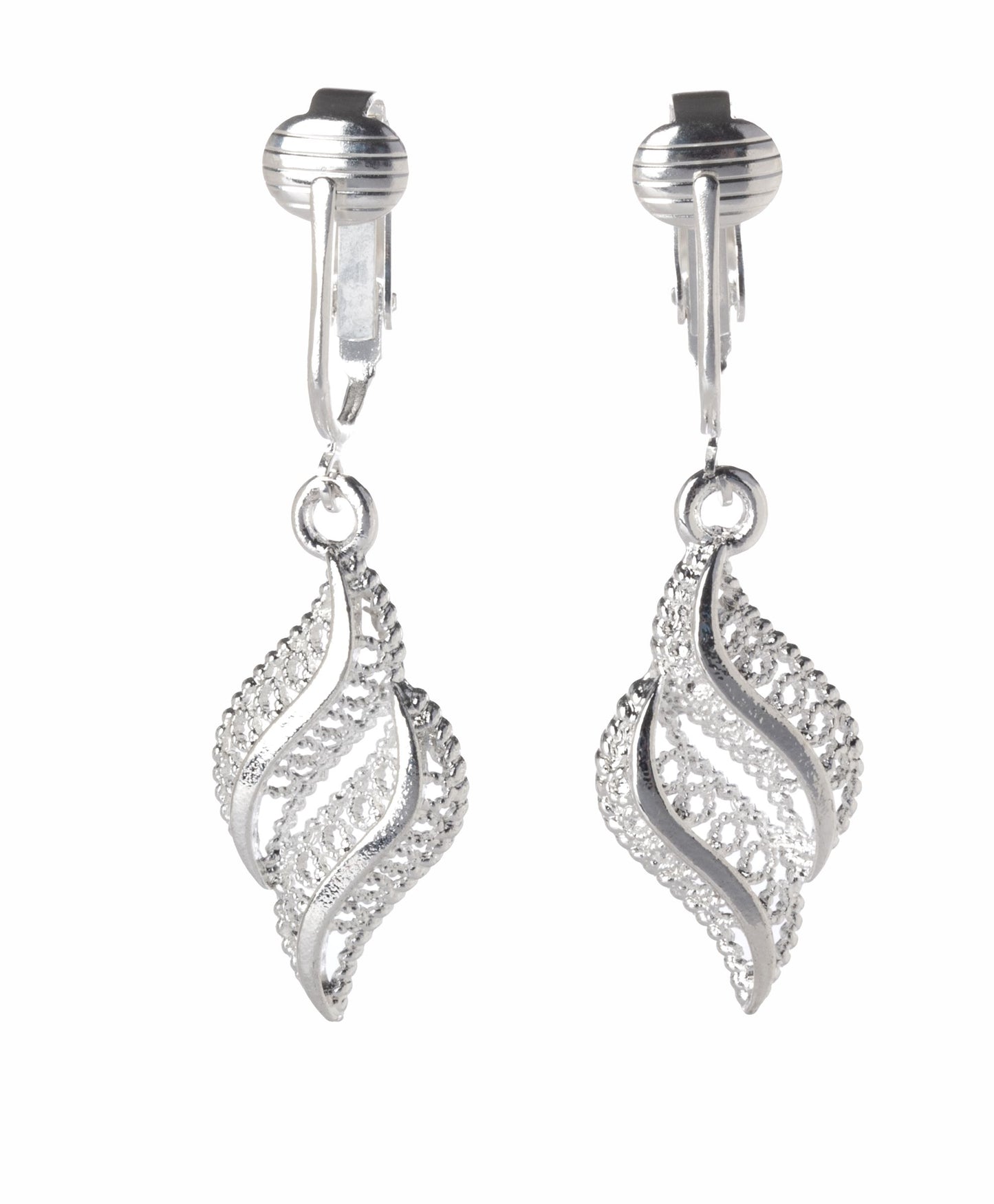 Silver Hollow Curved Filigree Clip On Dangling Earrings