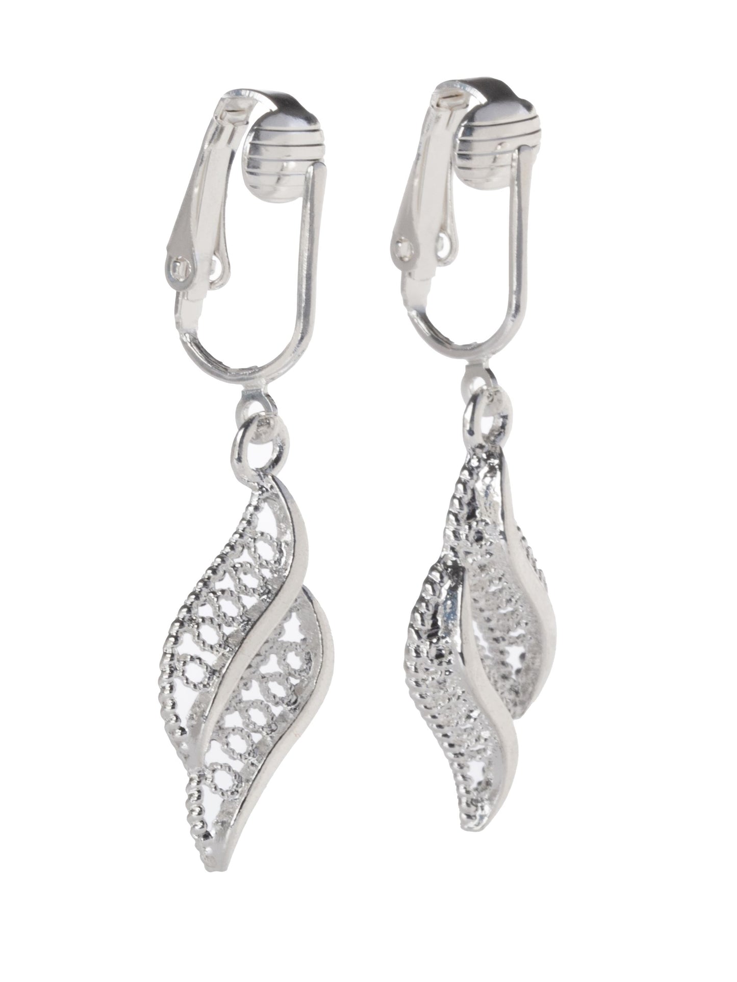 Silver Hollow Curved Filigree Clip On Dangling Earrings