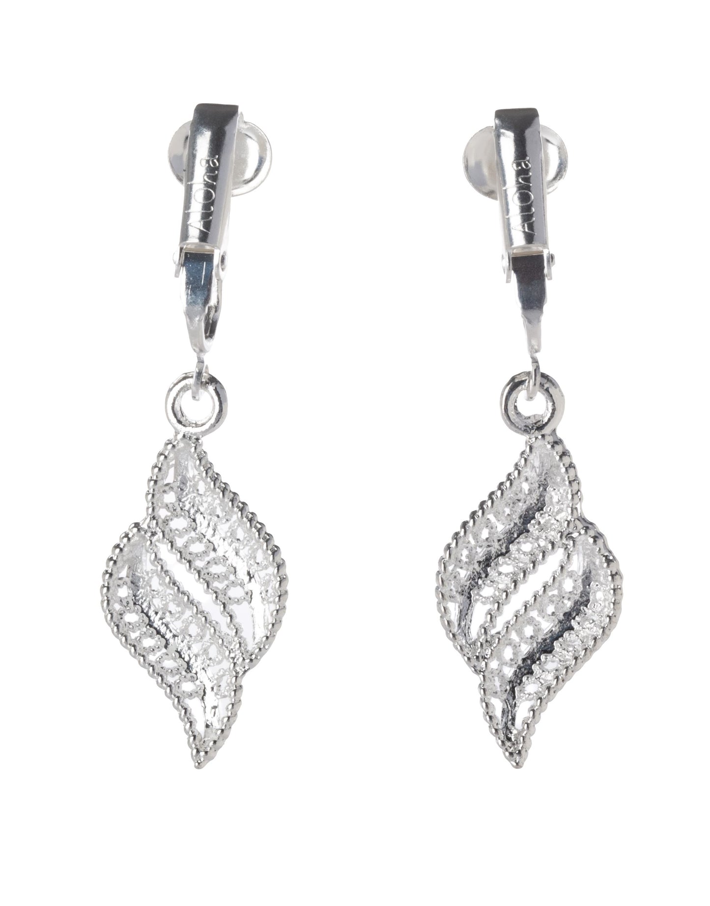 Silver Hollow Curved Filigree Clip On Dangling Earrings