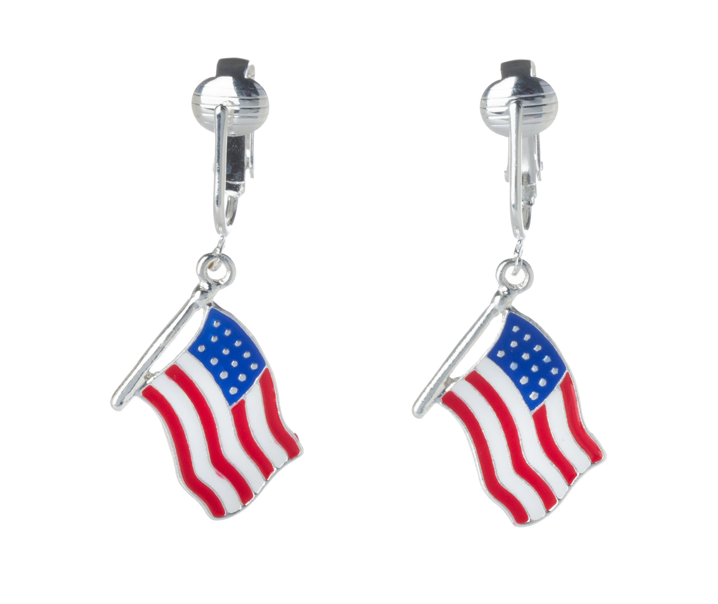 Silver American Flag Clip On Dangling Earrings