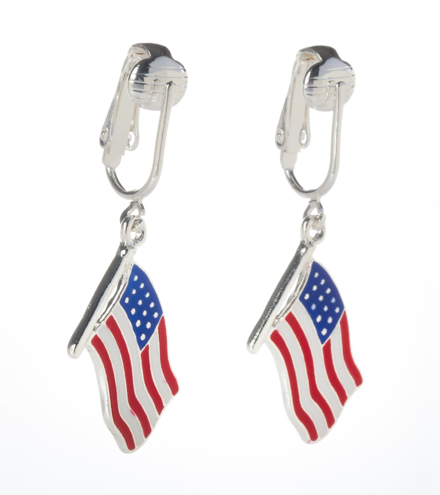 Silver American Flag Clip On Dangling Earrings