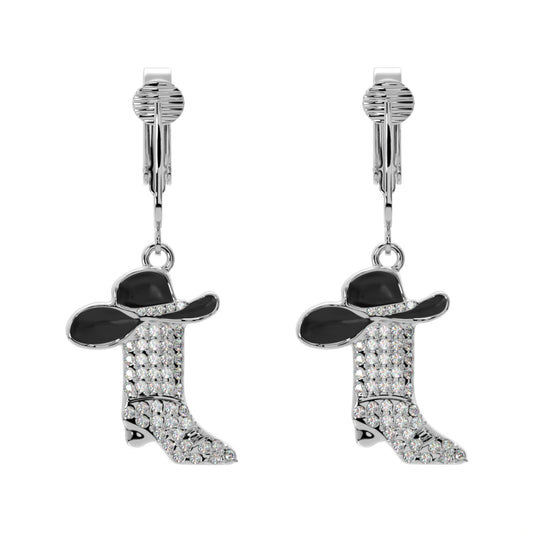 Silver Crystal Cowboy Boots and Hat Clip On Dangling Earrings