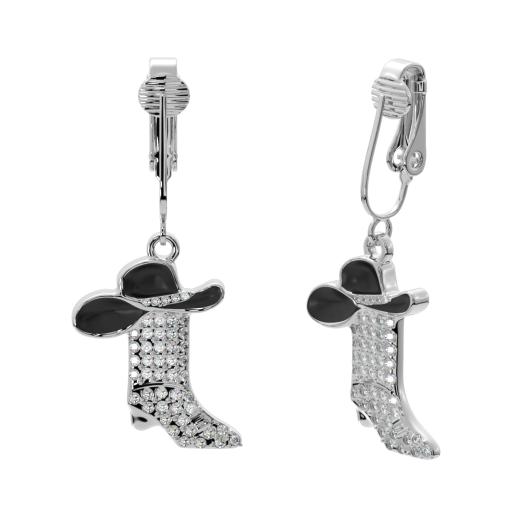 Silver Crystal Cowboy Boots and Hat Clip On Dangling Earrings