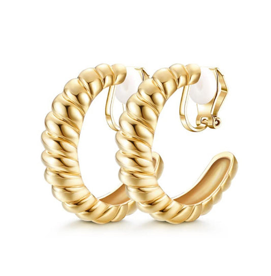 Gold Twisted Croissant Clip On Hoop Earrings