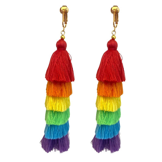 Gold Layered Tassel Clip On Dangling Earrings