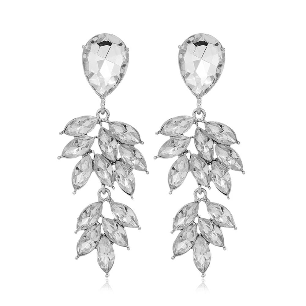 Silver Crystal Leaf Cluster Drops Clip On Dangling Earrings