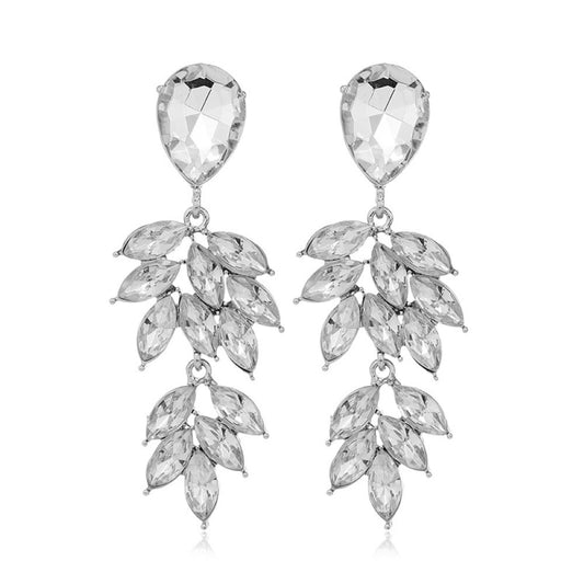 Silver Crystal Leaf Cluster Drops Clip On Dangling Earrings