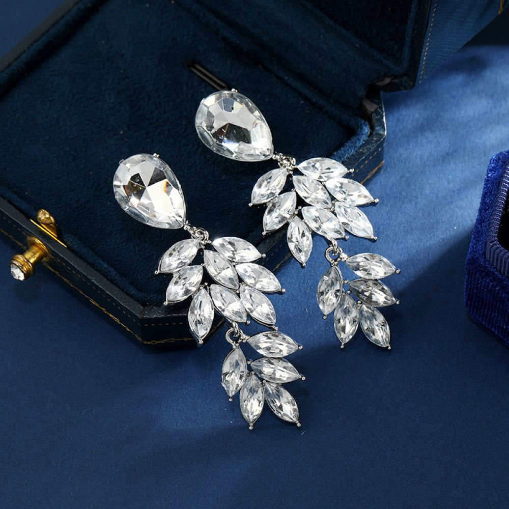 Silver Crystal Leaf Cluster Drops Clip On Dangling Earrings