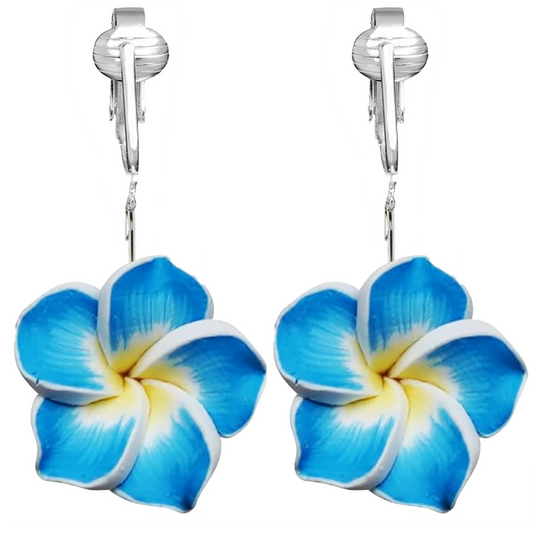 Large Blue Plumeria Flower Clip On Dangling Earrings