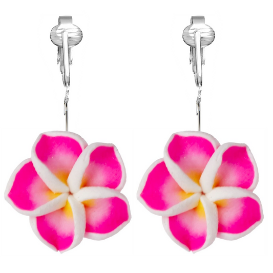 Large Pink Plumeria Flower Clip On Dangling Earrings