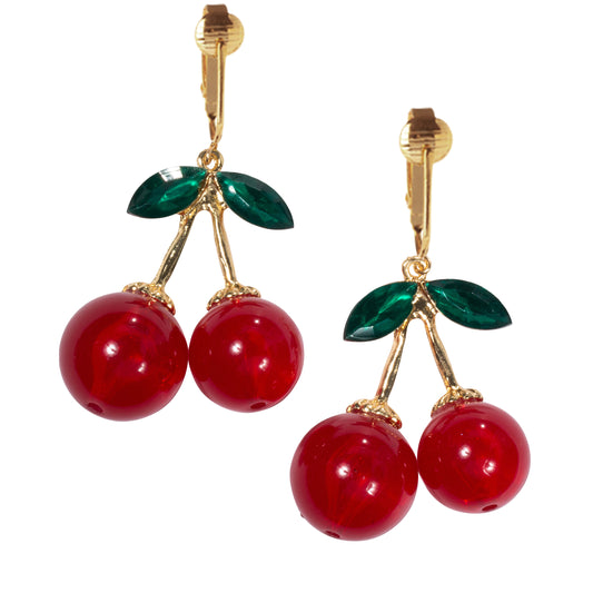 Gold Cherry Clip On Dangling Earrings