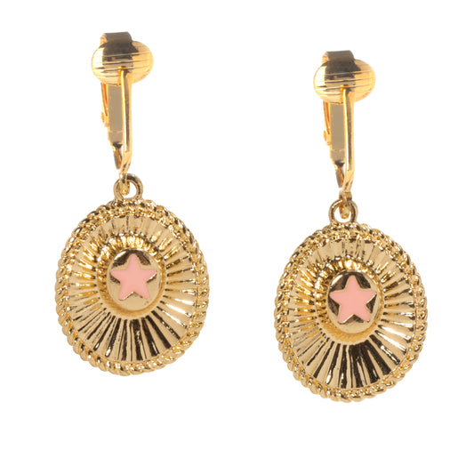 Gold Pink Star Cowboy Hat Clip On Dangling Earrings