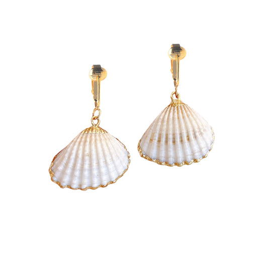 Gold Shell Clip On Dangling Earrings