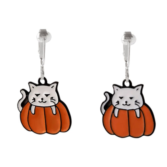 White Cat in Pumpkin Silver Clip On Dangling Earrings