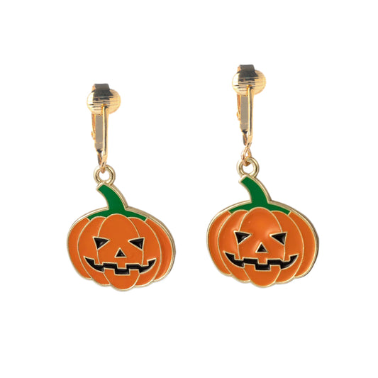 Jack-O'-Lantern Gold Clip On Dangling Earrings