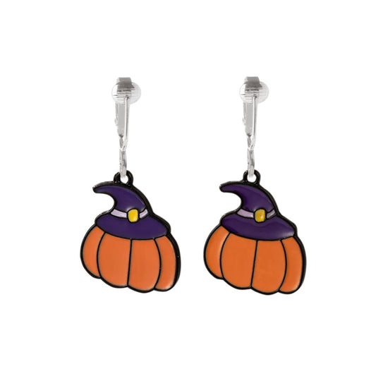 Purple Witch Hat on Pumpkin Silver Clip On Dangling Earrings