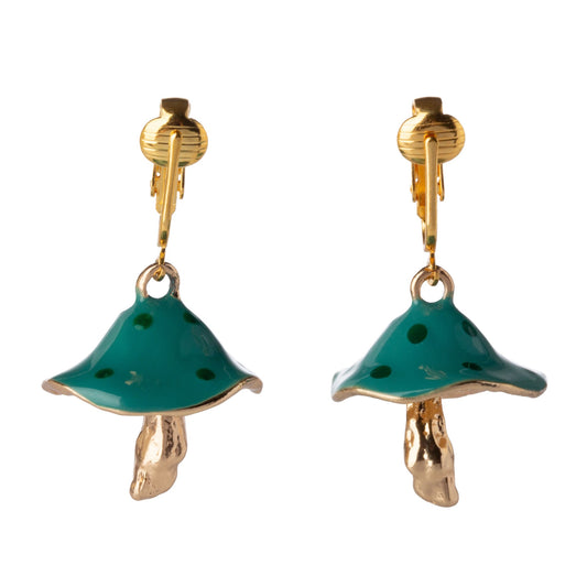 Teal Mushroom Gold Clip On Dangling Earrings