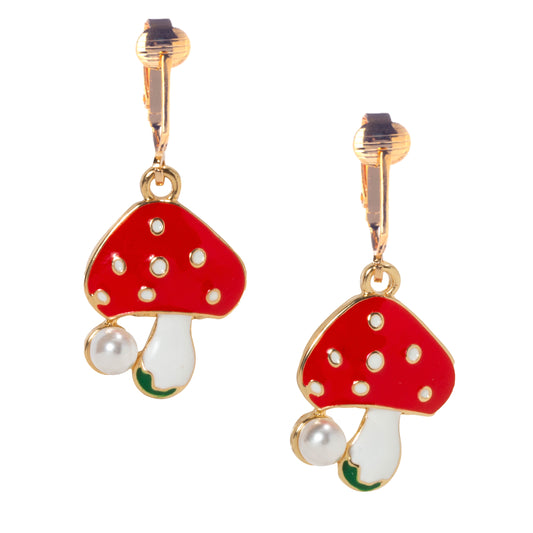 Red Mushroom with Simulated Pearl Gold Clip On Dangling Earrings