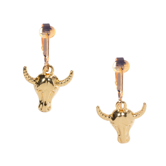 Gold Bull Head Clip On Dangling Earrings