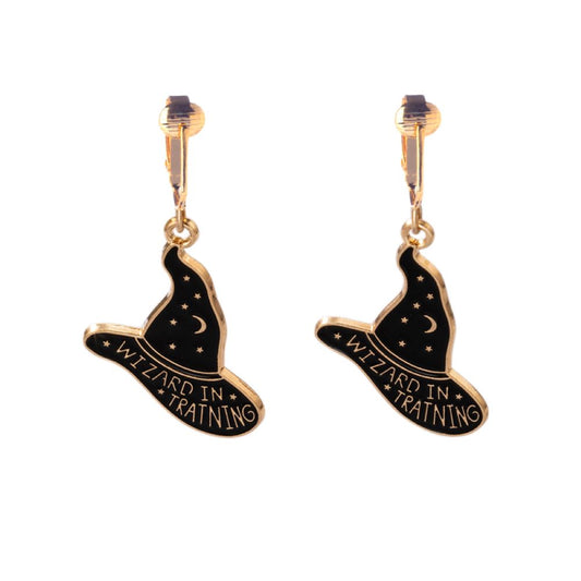 Wizard in Training Hat Gold Clip On Dangling Earrings