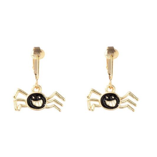 Black Spider Gold Clip On Dangling Earrings