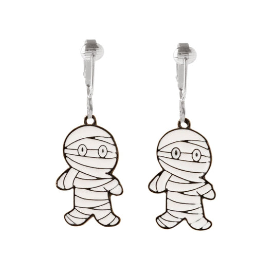 White Mummies Silver Clip On Dangling Earrings