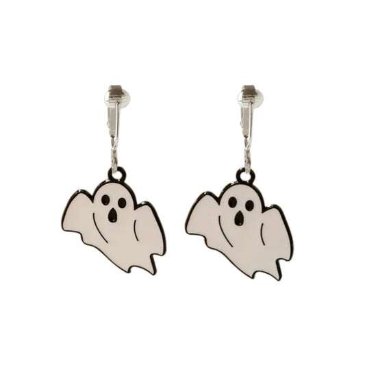 White Ghosts Silver Clip On Dangling Earrings