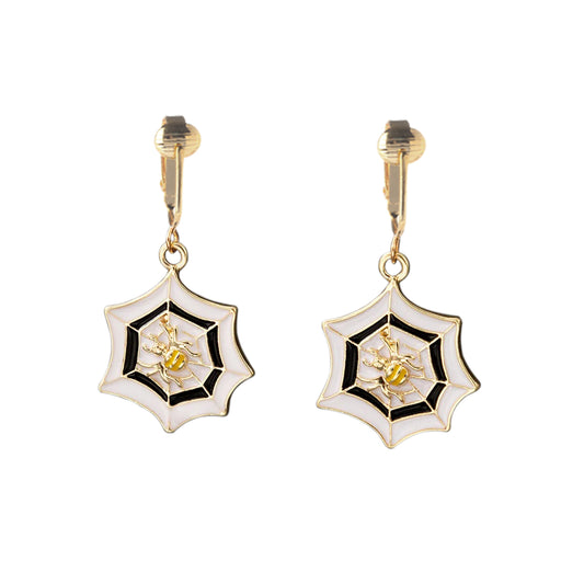 White Spiderweb Gold Clip On Dangling Earrings