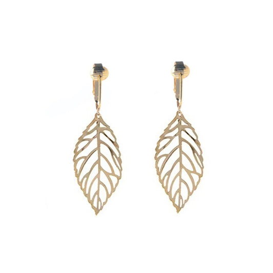 Gold Open Leaf Clip On Dangling Earrings