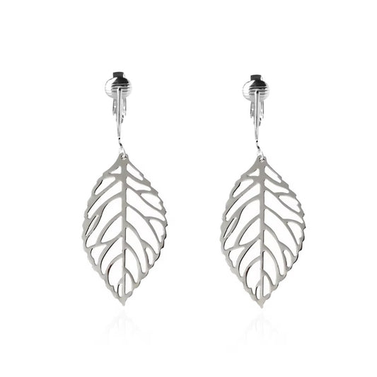 Silver Open Leaf Clip On Dangling Earrings