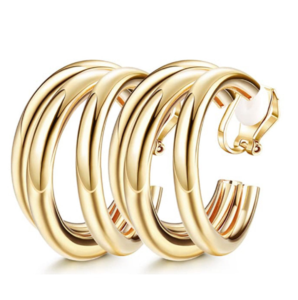 Gold Triple Open Hoops Clip On Hoop Earrings