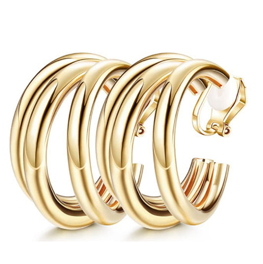 Gold Triple Open Hoops Clip On Hoop Earrings